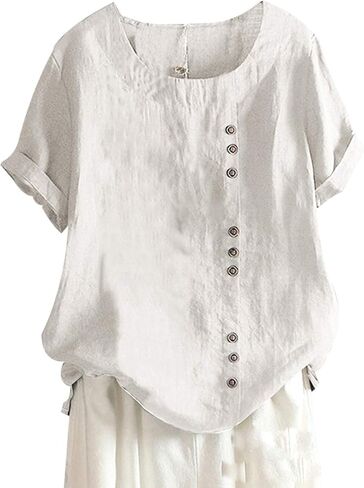 SCUSTY Oversized Crew Neck Linen Tops for Women Short Sleeve Cotton Blend Tee Shirts in Saudi Arabia