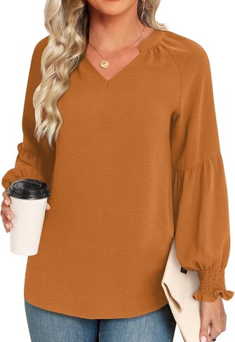 XUZHU المرأة خريف شتاء عادية تونك القمم Smocked كم طويل الخامس الرقبة البلوزات موضة فضفاضة قمصان مناسبة تي شيرت in Kuwait