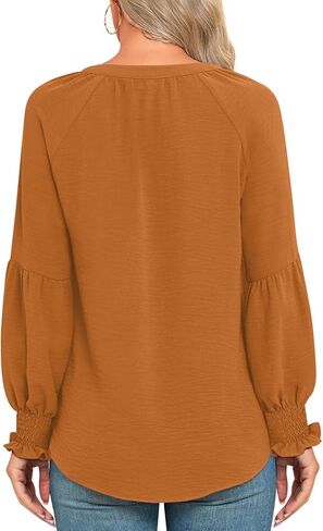 XUZHU المرأة خريف شتاء عادية تونك القمم Smocked كم طويل الخامس الرقبة البلوزات موضة فضفاضة قمصان مناسبة تي شيرت in Kuwait