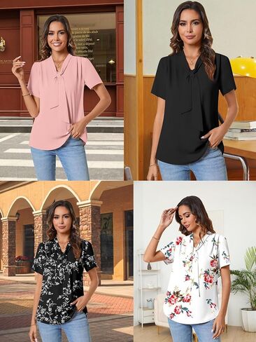Anydeer المرأة الصيف سترة علوية الشيفون هينلي قمصان مطوي عادية المنسوجة كم قصير زر بلوزة in Saudi Arabia