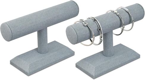 ايكي ديزاين مجموعة من قطعتين حامل اساور خشبي مغطى بالكتان لعرض المجوهرات والساعات والاساور والمجوهرات والاساور الحلقية وحامل الاساور الحلقية على شكل حرف T لتنظيم المنزل، رمادي داكن in Kuwait