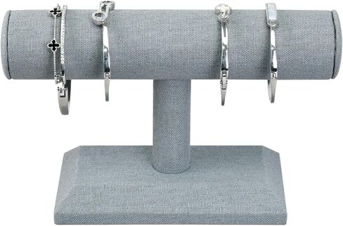 ايكي ديزاين مجموعة من قطعتين حامل اساور خشبي مغطى بالكتان لعرض المجوهرات والساعات والاساور والمجوهرات والاساور الحلقية وحامل الاساور الحلقية على شكل حرف T لتنظيم المنزل، رمادي داكن in Kuwait