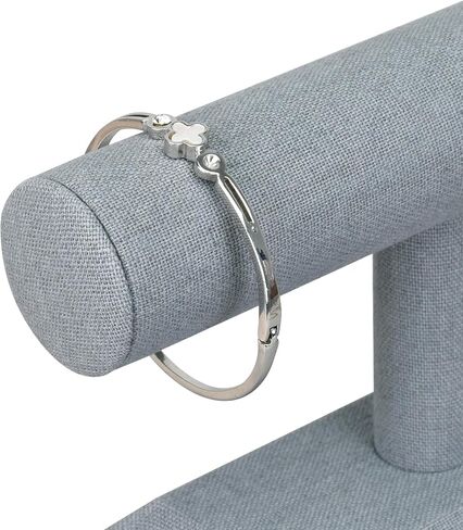 ايكي ديزاين مجموعة من قطعتين حامل اساور خشبي مغطى بالكتان لعرض المجوهرات والساعات والاساور والمجوهرات والاساور الحلقية وحامل الاساور الحلقية على شكل حرف T لتنظيم المنزل، رمادي داكن in Kuwait