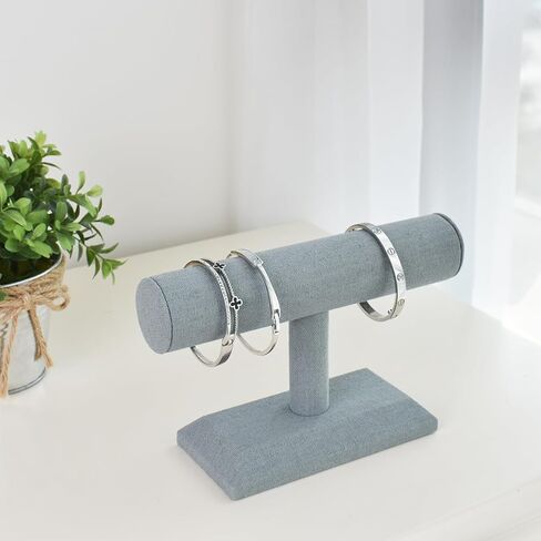 ايكي ديزاين مجموعة من قطعتين حامل اساور خشبي مغطى بالكتان لعرض المجوهرات والساعات والاساور والمجوهرات والاساور الحلقية وحامل الاساور الحلقية على شكل حرف T لتنظيم المنزل، رمادي داكن in Kuwait