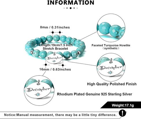 سوار حجر المولد جان ديك، خرز حجري طبيعي الأوجه قابل للتمدد مع خرزات من الفضة الإسترلينية، سوار من أحجار البخت 12 شهرًا، هدايا عيد ميلاد سعيد لعيد الأم وعيد الحب والكريسماس in Kuwait