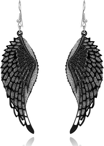 MALOYANVE Black Angel Wing Earrings for Women Girls Delicate Lightweight Hollow Out Fairy Feather Guardian Dangle Drop Hook Earrings Jewelry in Saudi Arabia