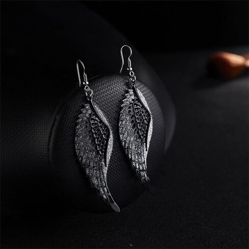 MALOYANVE Black Angel Wing Earrings for Women Girls Delicate Lightweight Hollow Out Fairy Feather Guardian Dangle Drop Hook Earrings Jewelry in Saudi Arabia