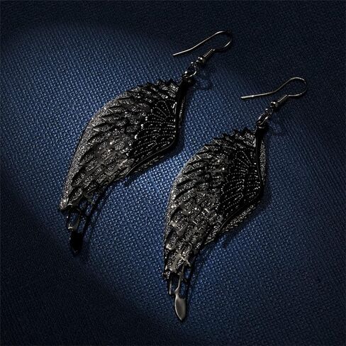 MALOYANVE Black Angel Wing Earrings for Women Girls Delicate Lightweight Hollow Out Fairy Feather Guardian Dangle Drop Hook Earrings Jewelry in Saudi Arabia