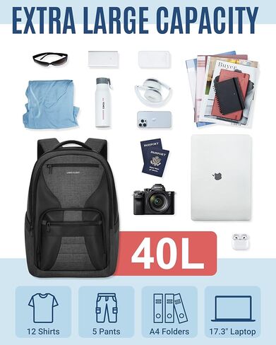 LIGHT FLIGHT Travel Backpack, Laptop Backpack for Men,17.3 Inch Computer Backpack Business Back Pack, Work Bag with USB Charging Hole, 40L Large Casual Daypack, Black grey in Kuwait