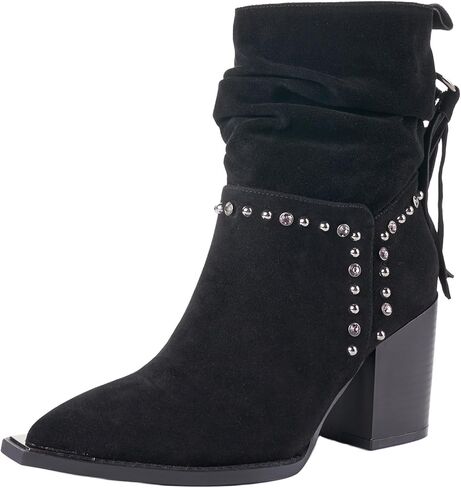 LALA IKAI Women's Fringe Ankle Boots Chunky Block Heel Studded Suede Booties Shoes With Rhinestones in Kuwait