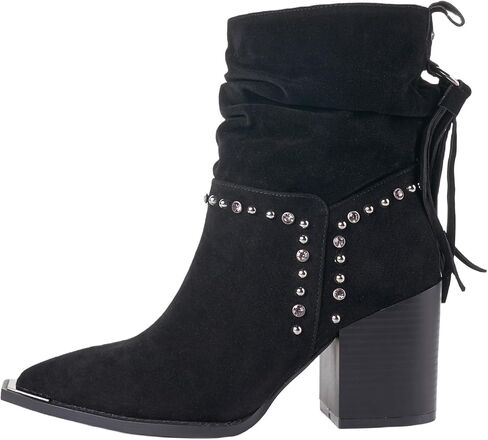 LALA IKAI Women's Fringe Ankle Boots Chunky Block Heel Studded Suede Booties Shoes With Rhinestones in Kuwait