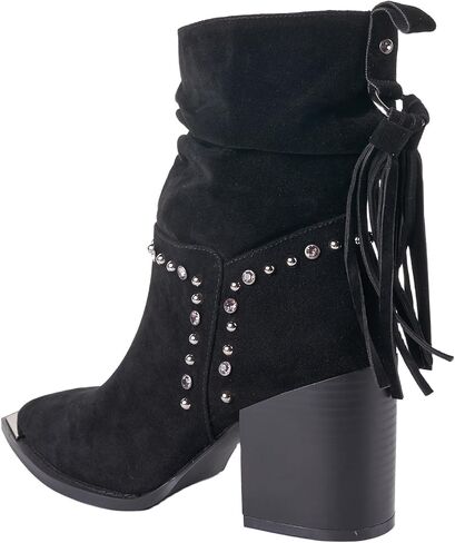 LALA IKAI Women's Fringe Ankle Boots Chunky Block Heel Studded Suede Booties Shoes With Rhinestones in Kuwait