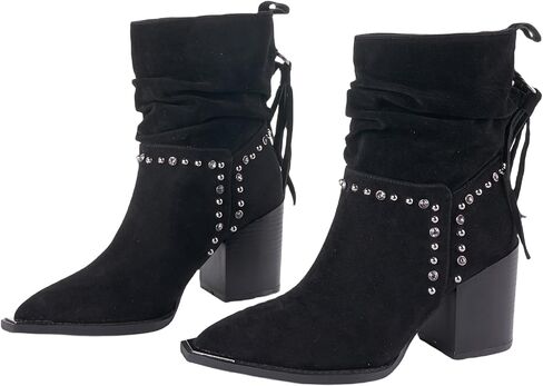LALA IKAI Women's Fringe Ankle Boots Chunky Block Heel Studded Suede Booties Shoes With Rhinestones in Kuwait