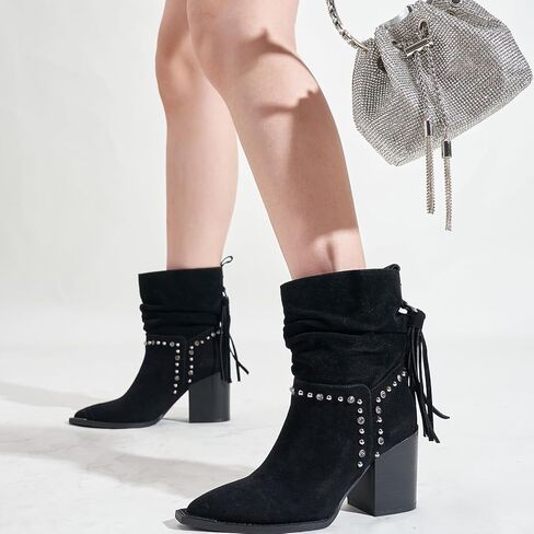 LALA IKAI Women's Fringe Ankle Boots Chunky Block Heel Studded Suede Booties Shoes With Rhinestones in Kuwait