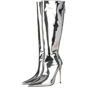 sexytag Women's Metallic Knee High Boots Stiletto Heel Pointed Toe Fashion Pull-on Back Zipper Ankle Boots