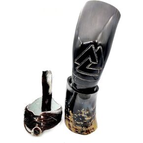Genuine Ox Wine/Mead Drinking Odin engraved Horn Medieval Viking Cup - Authentic Medieval Inspired Mug with stand and holster by Vikings Valhalla in Saudi Arabia