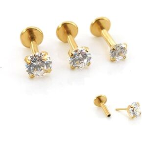 Emmajewels Triple Forward Helix Stud Earring Gold Tone Cartilage 16G 1/4" 5/16" 2-4mm Threadless Push Pin Prong Set CZ Stone Tragus Ring 6, 8mm Posts in Saudi Arabia