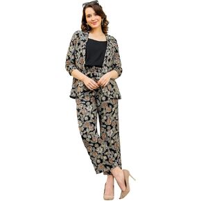 FASHION DWAR Women's Printed Casual Round Neck Cotton Coord Set, Black Inner, Printed Pant & Shrug - Multicolour in Kuwait