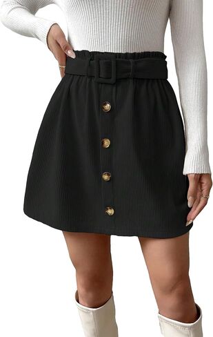 تنورة قصيرة للسيدات من SweatyRocks ذات حقيبة ورقية عالية الخصر وحزام كاجوال بأزرار أمامية على شكل حرف A تنورة صغيرة in Kuwait