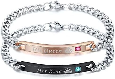 MYNENEY Gift for Lover His Queen Her King Stainless Steel Couple Bracelets for Women Men Jewelry Matching Set in Kuwait