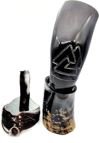 Genuine Ox Wine/Mead Drinking Odin engraved Horn Medieval Viking Cup - Authentic Medieval Inspired Mug with stand and holster by Vikings Valhalla in Saudi Arabia