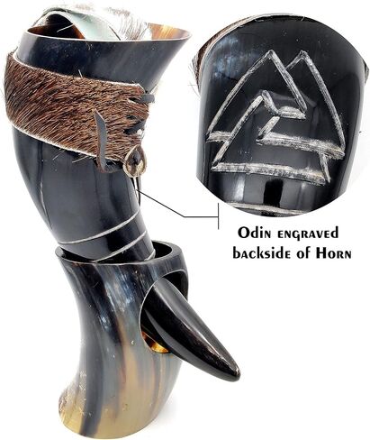 Genuine Ox Wine/Mead Drinking Odin engraved Horn Medieval Viking Cup - Authentic Medieval Inspired Mug with stand and holster by Vikings Valhalla in Saudi Arabia