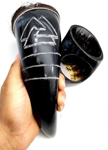 Genuine Ox Wine/Mead Drinking Odin engraved Horn Medieval Viking Cup - Authentic Medieval Inspired Mug with stand and holster by Vikings Valhalla in Saudi Arabia