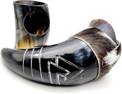 Genuine Ox Wine/Mead Drinking Odin engraved Horn Medieval Viking Cup - Authentic Medieval Inspired Mug with stand and holster by Vikings Valhalla in Saudi Arabia