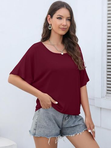 Lyrur Women's Short Sleeve Boat Neck Knit Loose Fit Tops 2024 Summer Basic Casual T Shirt Blouse with Banded Bottom in Saudi Arabia
