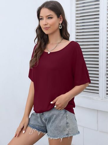 Lyrur Women's Short Sleeve Boat Neck Knit Loose Fit Tops 2024 Summer Basic Casual T Shirt Blouse with Banded Bottom in Saudi Arabia