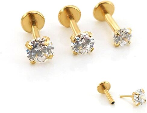 Emmajewels Triple Forward Helix Stud Earring Gold Tone Cartilage 16G 1/4" 5/16" 2-4mm Threadless Push Pin Prong Set CZ Stone Tragus Ring 6, 8mm Posts in Saudi Arabia