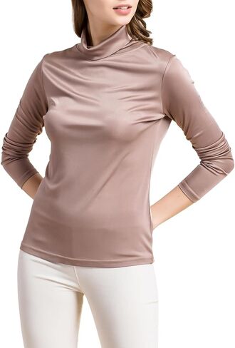 MOROUTLINE Silk Tops Turtleneck Long Sleeve Silk T Shirt Ultra Soft Thermal Layer Tops Slim High Neck Blouse in Saudi Arabia