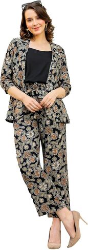 طقم من القطن برقبة دائرية مطبوعة كاجوال للنساء من FASHION DWAR، بطانة داخلية سوداء، بنطال وستره مطبوعة - متعدد الألوان in Kuwait