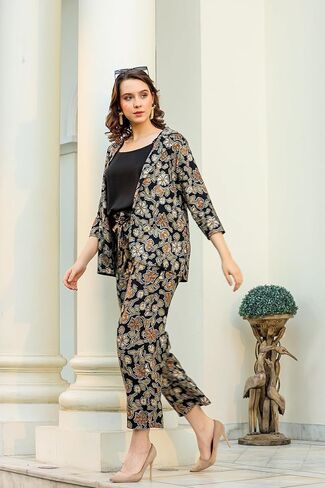 طقم من القطن برقبة دائرية مطبوعة كاجوال للنساء من FASHION DWAR، بطانة داخلية سوداء، بنطال وستره مطبوعة - متعدد الألوان in Kuwait