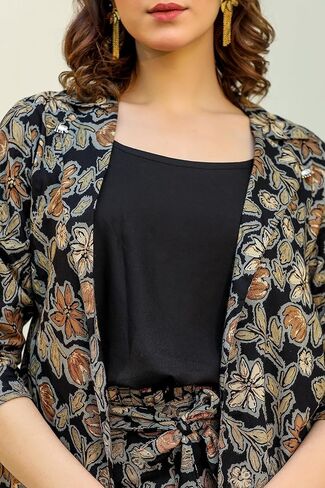 طقم من القطن برقبة دائرية مطبوعة كاجوال للنساء من FASHION DWAR، بطانة داخلية سوداء، بنطال وستره مطبوعة - متعدد الألوان in Kuwait