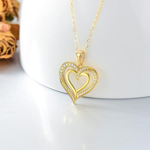 14K Gold Heart Necklace for Women Solid Gold Double Heart Pendant Necklace Love Jewelry Gifts for Wife,Mom,Girlfriend,Mother'Day, 18 Inch in Kuwait