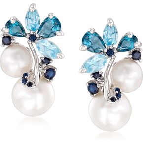 Ross-Simons 6-8.5mm Cultured Pearl and 2.00 ct. t.w. Sky Blue Topaz and London Blue Topaz Earrings With .10 ct. t.w. Sapphires in Sterling Silver in Saudi Arabia