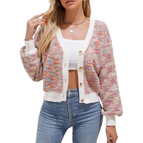 ZAFUL Women's V Neck Button Up Chunky-Knit Long Sleeve Cropped Cardigan Sweaters Color Block Crop Cardigans Outerwear