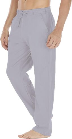 سراويل Durzasvo الرجالية خفيفة الوزن مقاومة للانكماش من الكتان كاجوال صيفية برباط خصر مطاطي من الكتان للشاطئ رمادي فاتح L in Kuwait