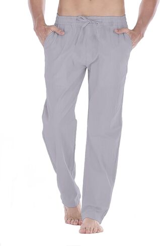 سراويل Durzasvo الرجالية خفيفة الوزن مقاومة للانكماش من الكتان كاجوال صيفية برباط خصر مطاطي من الكتان للشاطئ رمادي فاتح L in Kuwait