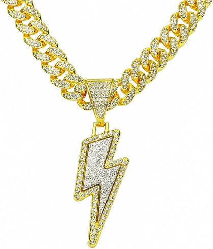Bling Lightning Bolt CZ Iced Out Necklace for Men Boys,Fake Diamond Thick Cuban Link Chain Rapper Hip Hop Custume Jewelry 18K Gold/Platinum Plated with Sparkly Lightning Charms,gold in Kuwait