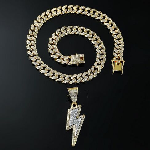 Bling Lightning Bolt CZ Iced Out Necklace for Men Boys,Fake Diamond Thick Cuban Link Chain Rapper Hip Hop Custume Jewelry 18K Gold/Platinum Plated with Sparkly Lightning Charms,gold in Kuwait