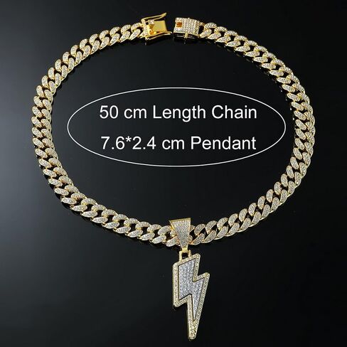 Bling Lightning Bolt CZ Iced Out Necklace for Men Boys,Fake Diamond Thick Cuban Link Chain Rapper Hip Hop Custume Jewelry 18K Gold/Platinum Plated with Sparkly Lightning Charms,gold in Kuwait