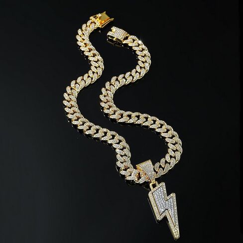 Bling Lightning Bolt CZ Iced Out Necklace for Men Boys,Fake Diamond Thick Cuban Link Chain Rapper Hip Hop Custume Jewelry 18K Gold/Platinum Plated with Sparkly Lightning Charms,gold in Kuwait