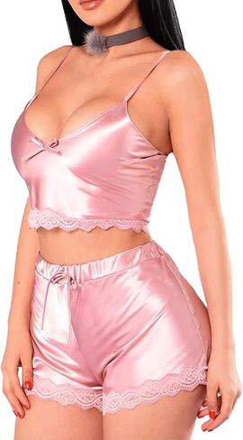 Rooscier Women's Satin Lace Trim Pajamas Set Spaghetti Crop Top with Shorts Sleepwear in Kuwait