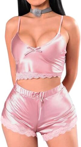 Rooscier Women's Satin Lace Trim Pajamas Set Spaghetti Crop Top with Shorts Sleepwear in Kuwait
