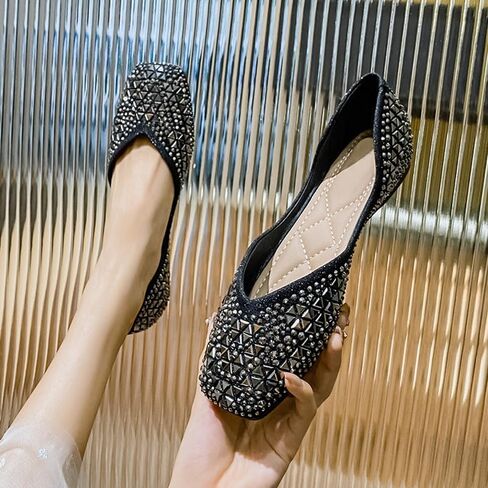 Gloritmo Women's Rhinestone Dressy Flats Shoes Wedding Low Wedge Square Toe Sparkly Ballet Flats with Bow in Saudi Arabia