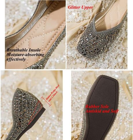 Gloritmo Women's Rhinestone Dressy Flats Shoes Wedding Low Wedge Square Toe Sparkly Ballet Flats with Bow in Saudi Arabia