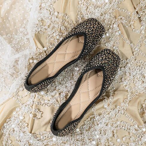 Gloritmo Women's Rhinestone Dressy Flats Shoes Wedding Low Wedge Square Toe Sparkly Ballet Flats with Bow in Saudi Arabia