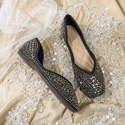 Gloritmo Women's Rhinestone Dressy Flats Shoes Wedding Low Wedge Square Toe Sparkly Ballet Flats with Bow in Saudi Arabia